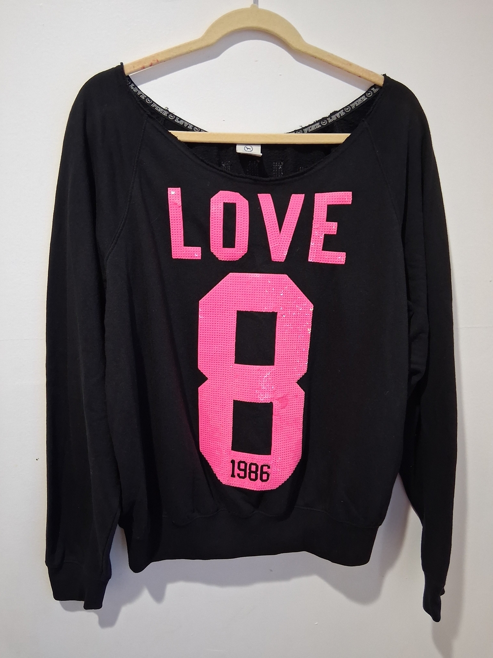 Victoria Secret Pink Black Off The Shoulder Sweatshirt W/ Pink Sequins- Large